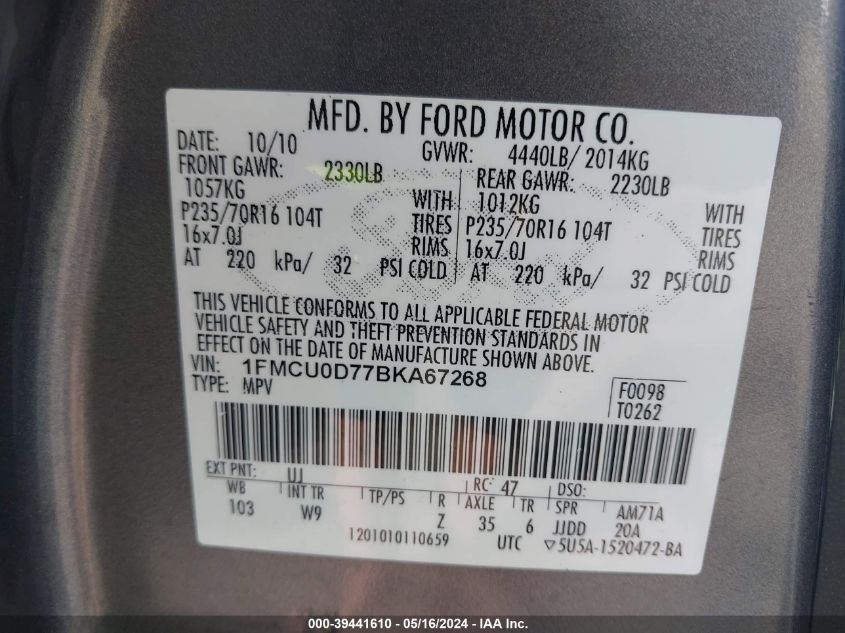 2011 Ford Escape Xlt VIN: 1FMCU0D77BKA67268 Lot: 39441610