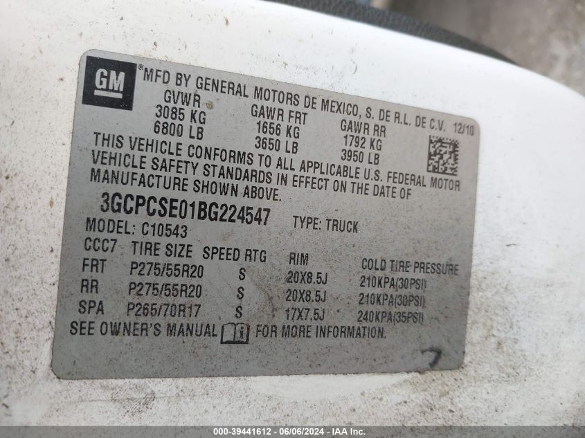 2011 Chevrolet Silverado 1500 Lt VIN: 3GCPCSE01BG224547 Lot: 39441612