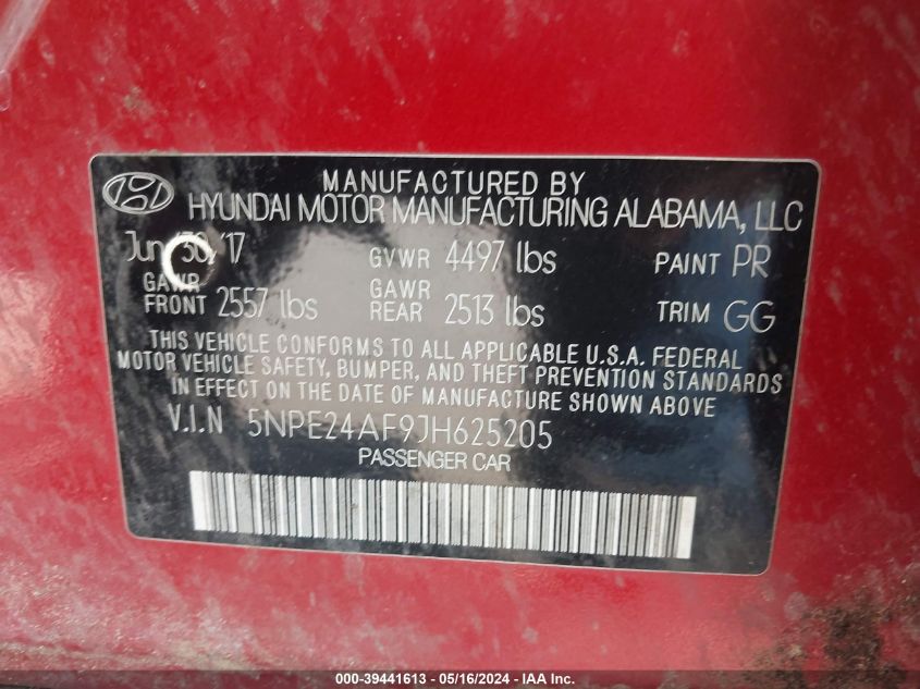 2018 Hyundai Sonata Se VIN: 5NPE24AF9JH625205 Lot: 39441613