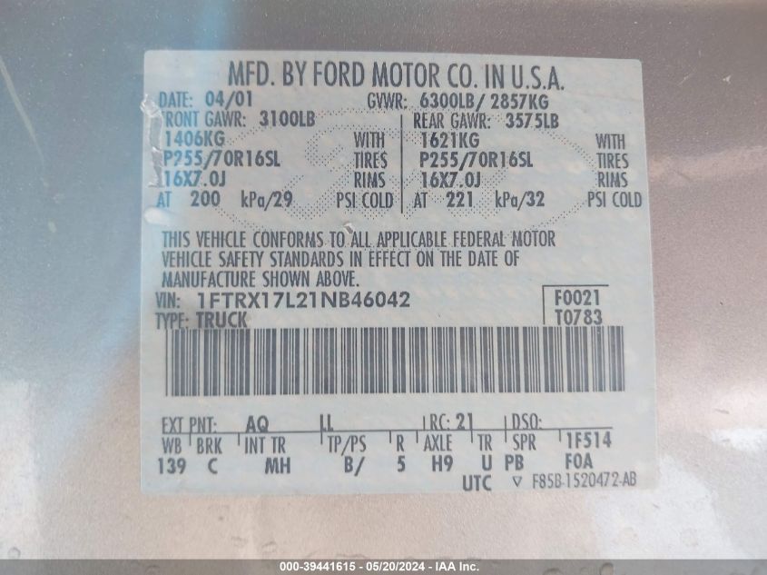 2001 Ford F-150 Lariat/Xl/Xlt VIN: 1FTRX17L21NB46042 Lot: 39441615
