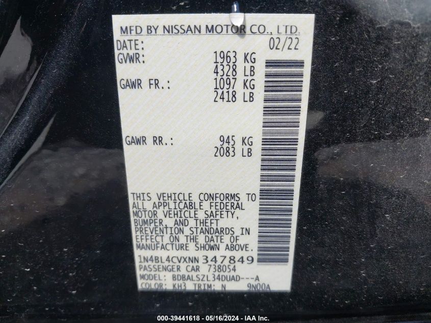2022 Nissan Altima Sr Fwd VIN: 1N4BL4CVXNN347849 Lot: 39441618