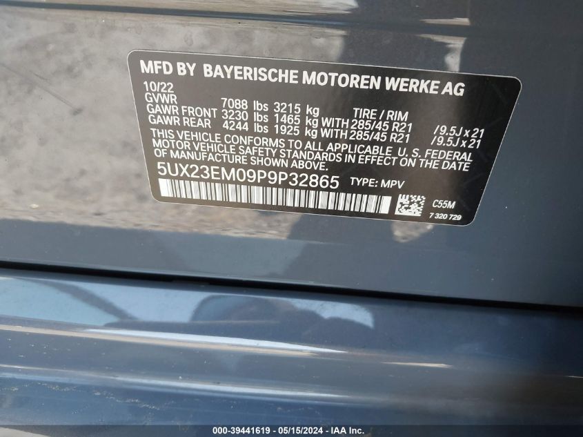 2023 BMW X7 xDrive40I VIN: 5UX23EM09P9P32865 Lot: 39441619