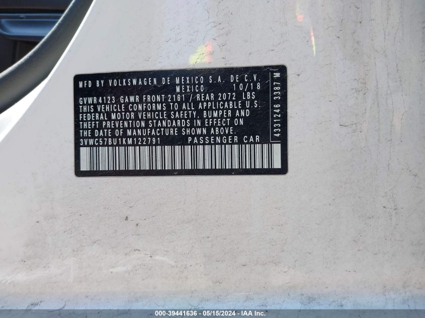 2019 Volkswagen Jetta 1.4T R-Line/1.4T S/1.4T Se VIN: 3VWC57BU1KM122791 Lot: 39441636