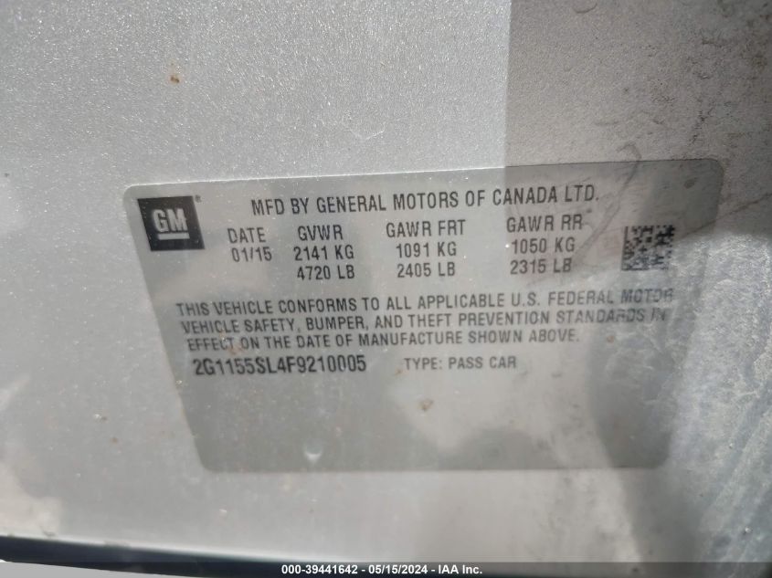 2015 Chevrolet Impala 1Lz VIN: 2G1155SL4F9210005 Lot: 39441642