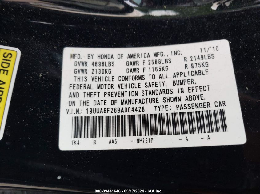 2011 Acura Tl 3.5 VIN: 19UUA8F26BA004428 Lot: 39441646