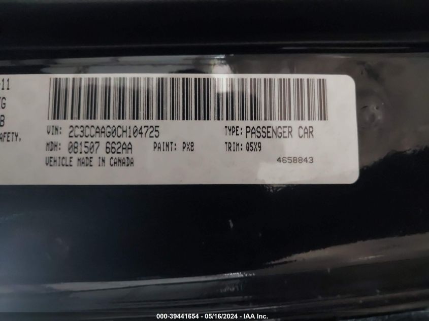 2012 Chrysler 300 VIN: 2C3CCAAG0CH104725 Lot: 39441654