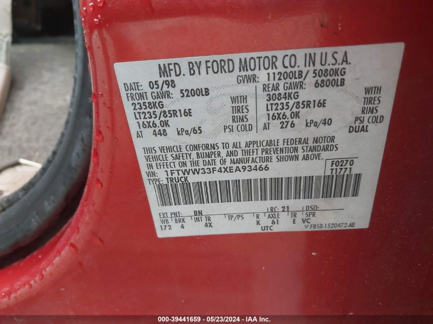 1999 Ford F-350 Lariat/Xl/Xlt VIN: 1FTWW33F4XEA93466 Lot: 39441659