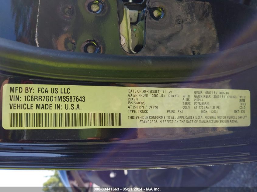 2021 Ram 1500 Classic Warlock Quad Cab 4X4 6'4 Box VIN: 1C6RR7GG1MS587643 Lot: 39441663