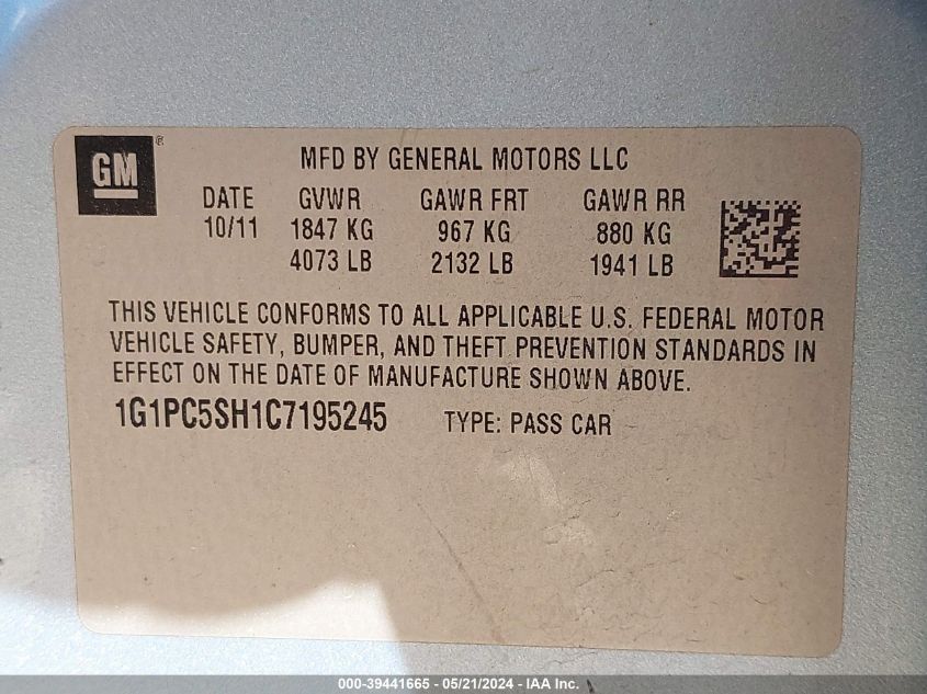 2012 Chevrolet Cruze Ls VIN: 1G1PC5SH1C7195245 Lot: 39441665