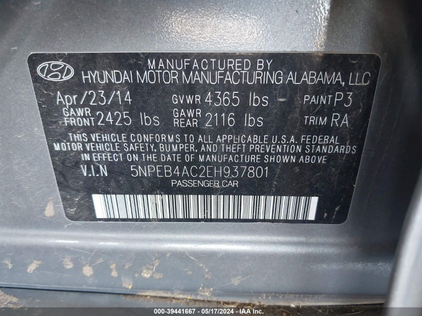 2014 Hyundai Sonata Gls VIN: 5NPEB4AC2EH937801 Lot: 39441667