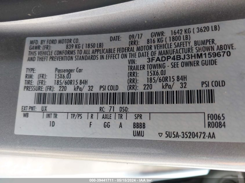 2017 Ford Fiesta Se VIN: 3FADP4BJ3HM159670 Lot: 39441711