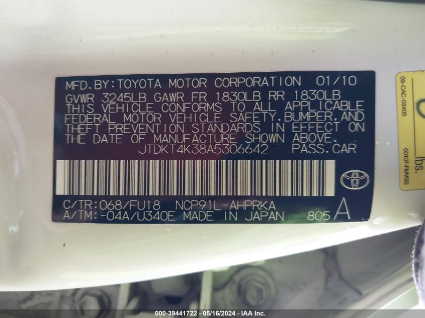 2010 Toyota Yaris VIN: JTDKT4K38A5306642 Lot: 39441722