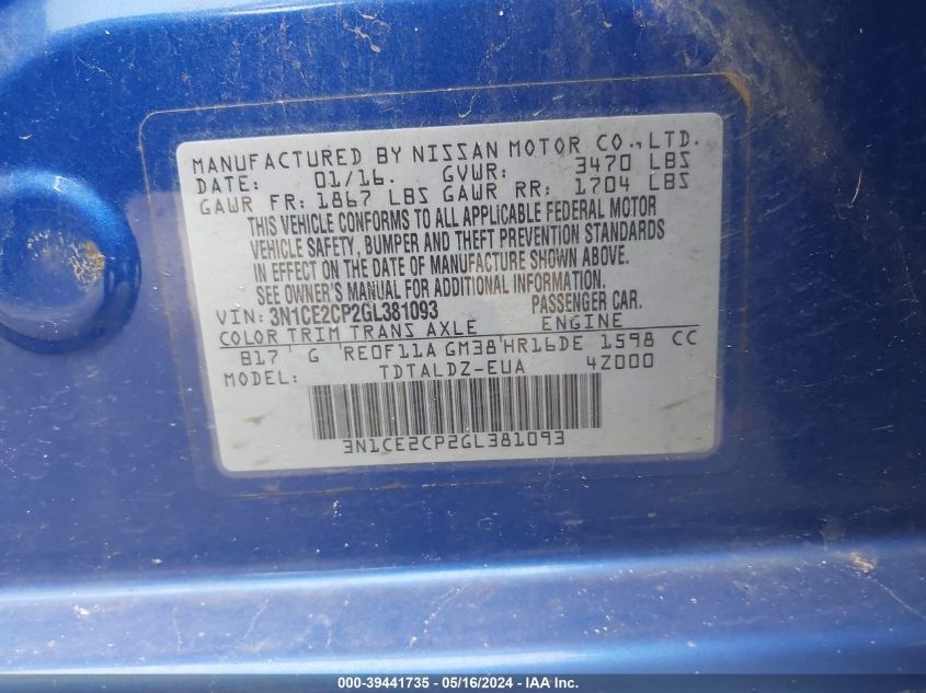 2016 Nissan Versa Note Sv VIN: 3N1CE2CP2GL381093 Lot: 39441735