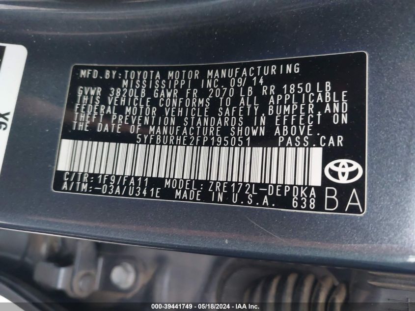 2015 Toyota Corolla L VIN: 5YFBURHE2FP195051 Lot: 39441749