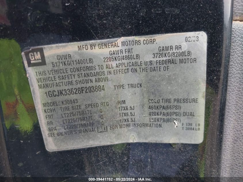 2008 Chevrolet Silverado 3500Hd Lt2 VIN: 1GCJK33628F203884 Lot: 39441752