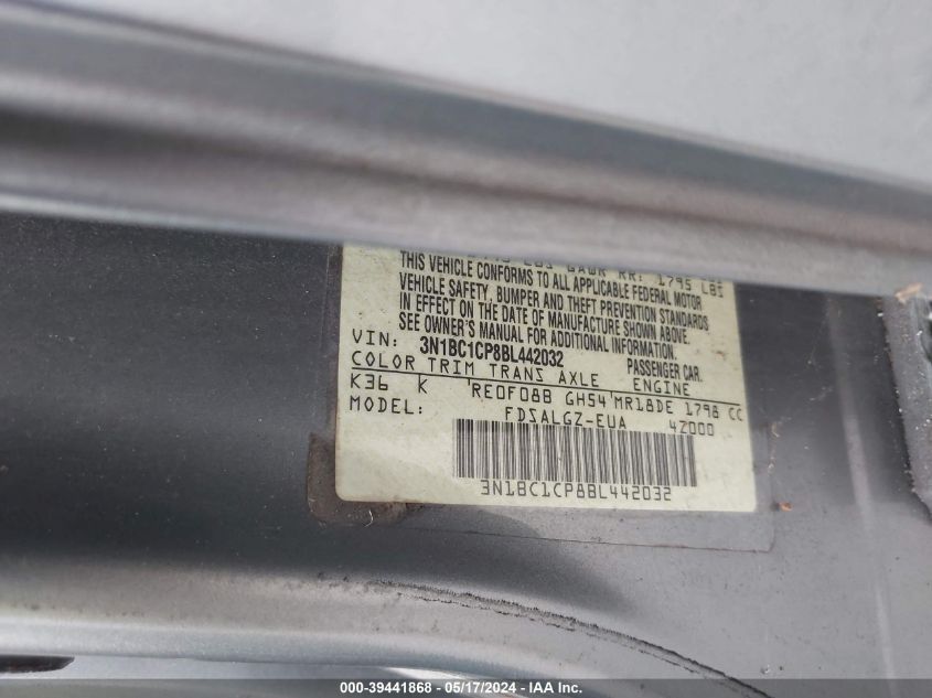 2011 Nissan Versa 1.8Sl VIN: 3N1BC1CP8BL442032 Lot: 39441868