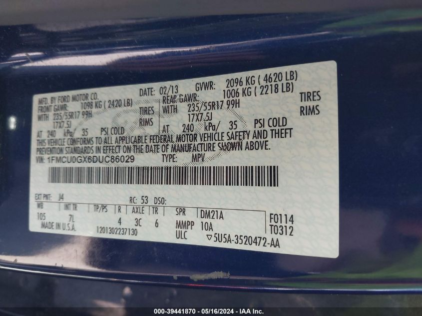 2013 Ford Escape Se VIN: 1FMCU0GX6DUC86029 Lot: 39441870