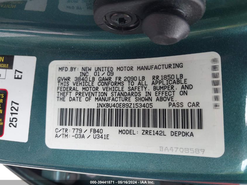 2009 Toyota Corolla Le VIN: 1NXBU40E89Z153405 Lot: 39441871