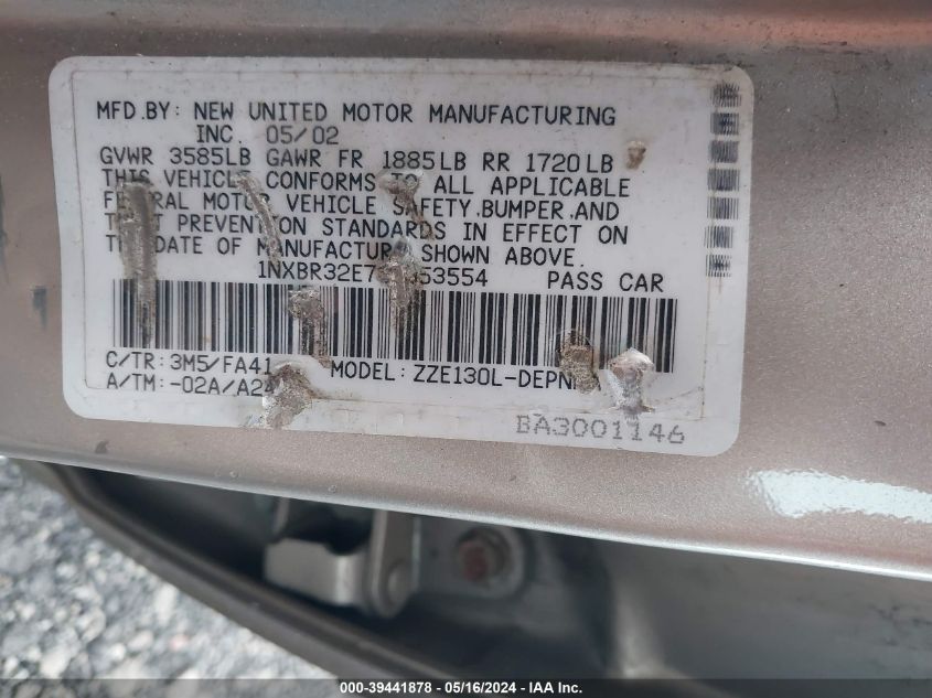 2003 Toyota Corolla Le VIN: 1NXBR32E73Z053554 Lot: 39441878