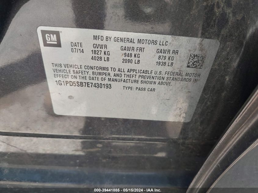 2014 Chevrolet Cruze 1Lt Manual VIN: 1G1PD5SB7E7430193 Lot: 39441885