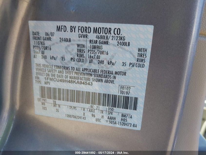 2008 Ford Escape Hybrid Hev VIN: 1FMCU49H48KA94543 Lot: 39441892