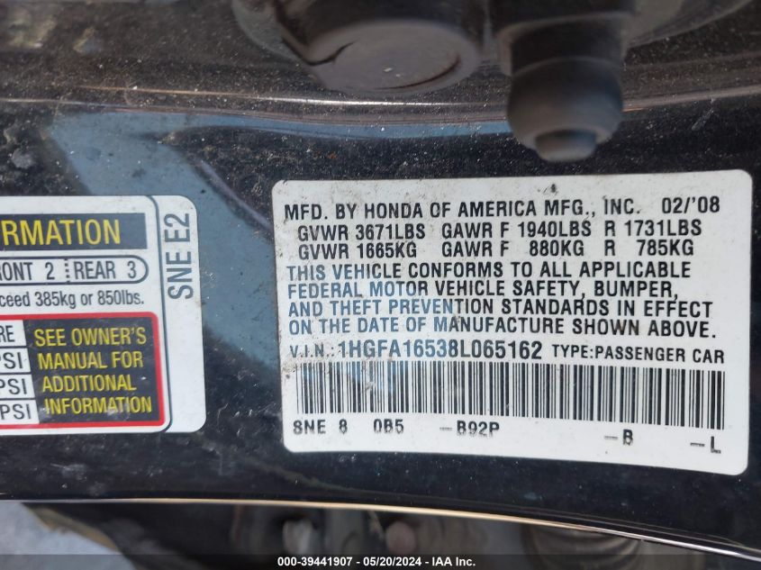 2008 Honda Civic Lx VIN: 1HGFA16538L065162 Lot: 39441907