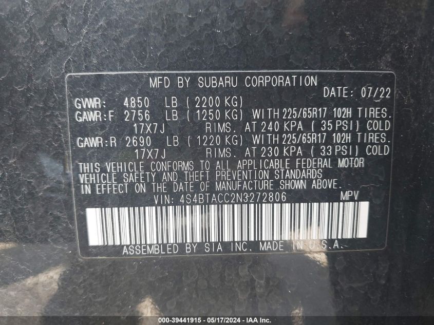 2022 Subaru Outback Premium VIN: 4S4BTACC2N3272806 Lot: 39441915