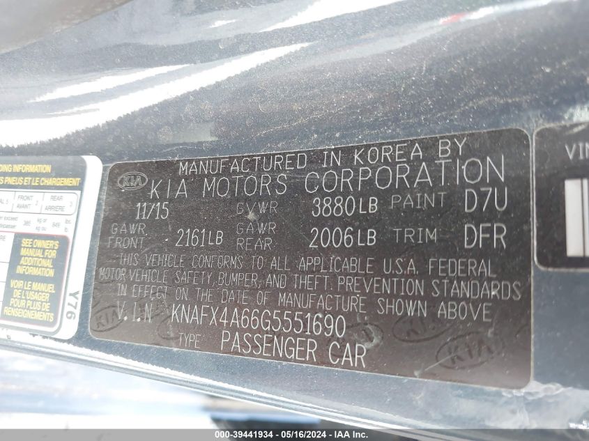 2016 Kia Forte Lx VIN: KNAFX4A66G5551690 Lot: 39441934