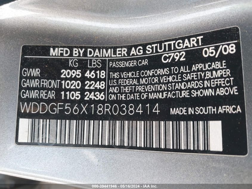 2008 Mercedes-Benz C 350 Sport VIN: WDDGF56X18R038414 Lot: 39441946