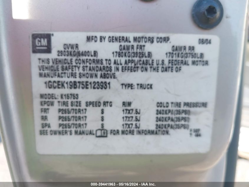 2005 Chevrolet Silverado 1500 Z71 VIN: 1GCEK19B75E123931 Lot: 39441963