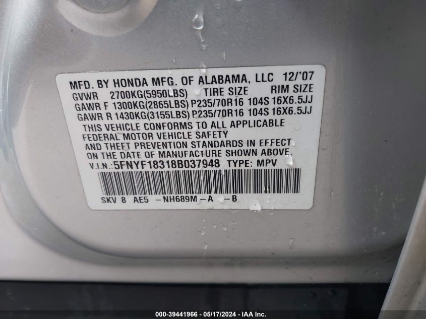 2008 Honda Pilot Se VIN: 5FNYF18318B037948 Lot: 39441966