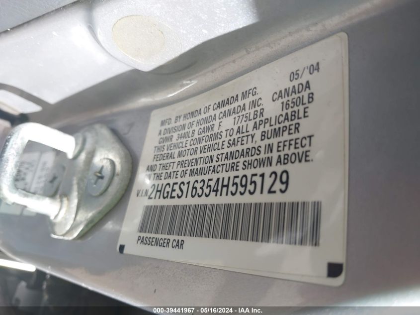 2004 Honda Civic Vp VIN: 2HGES16354H595129 Lot: 39441967