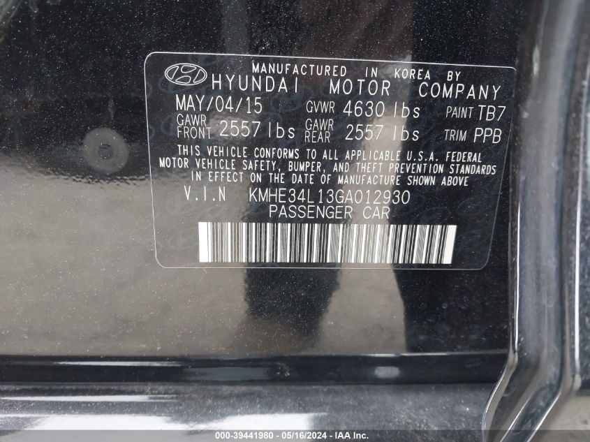 2016 Hyundai Sonata Hybrid Limited VIN: KMHE34L13GA012930 Lot: 39441980