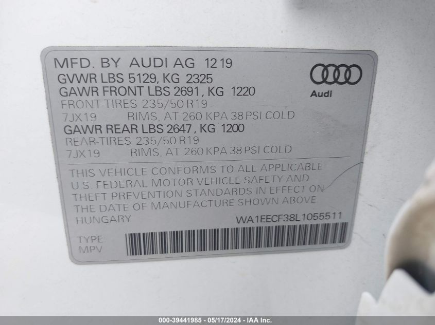 2020 Audi Q3 Premium Plus S-Line VIN: WA1EECF38L1055511 Lot: 39441985