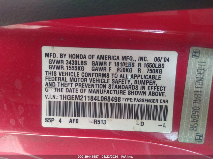 2004 Honda Civic Vp VIN: 1HGEM21184L068498 Lot: 39441987
