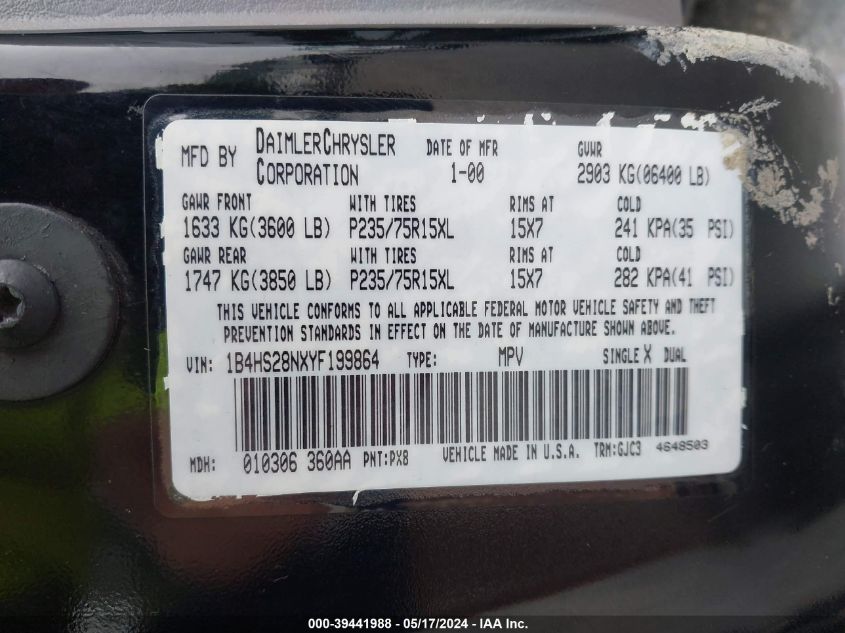 2000 Dodge Durango VIN: 1B4HS28NXYF199864 Lot: 39441988