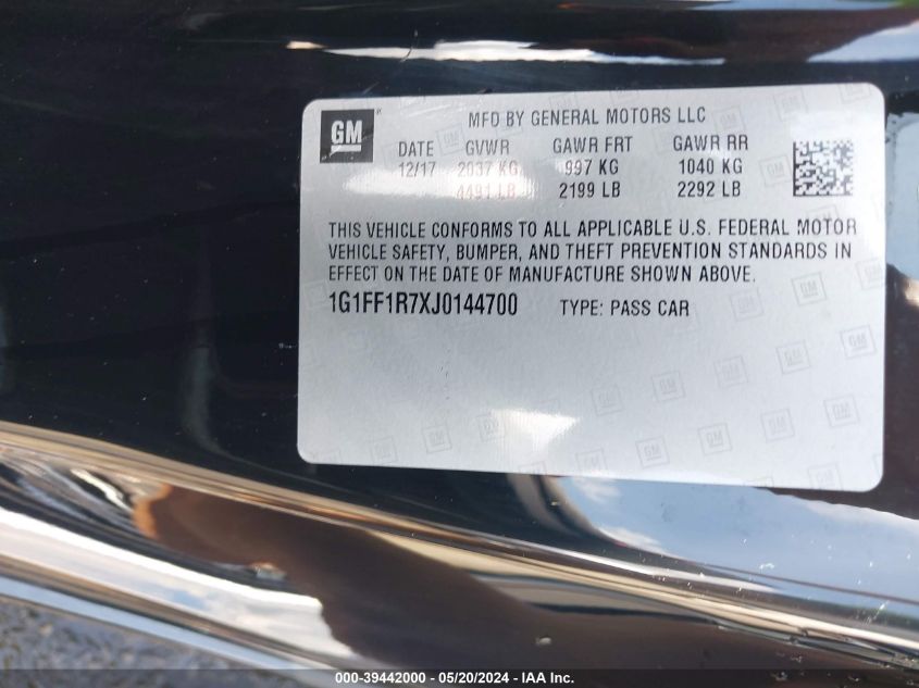 2018 Chevrolet Camaro 1Ss VIN: 1G1FF1R7XJ0144700 Lot: 39442000