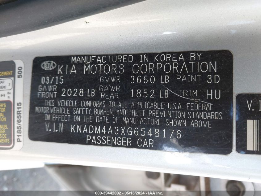 2016 Kia Rio Lx VIN: KNADM4A3XG6548176 Lot: 39442002