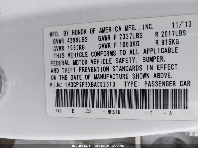 2011 Honda Accord Lx VIN: 1HGCP2F3XBA052613 Lot: 39442011
