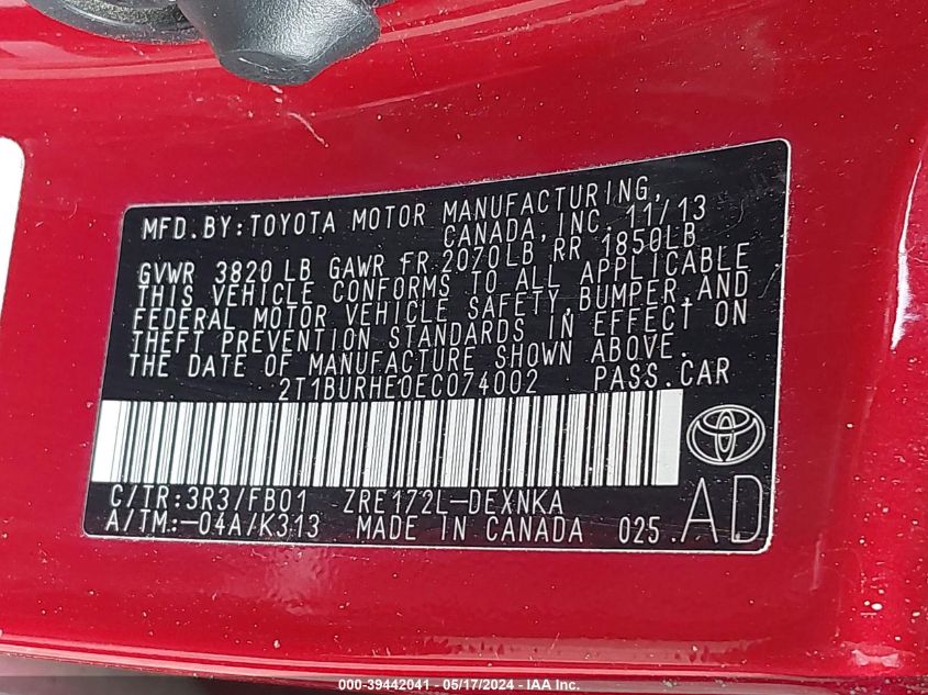 2014 Toyota Corolla L/Le/Le Plus/Le Premium/S/S Plus/S Premium VIN: 2T1BURHE0EC074002 Lot: 39442041