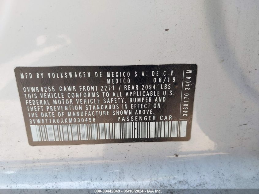 2019 Volkswagen Golf Gti 2.0T Autobahn/2.0T Rabbit Edition/2.0T S/2.0T Se VIN: 3VW5T7AUXKM030496 Lot: 39442049