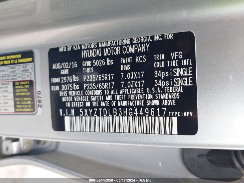 2017 Hyundai Santa Fe Sport VIN: 5XYZTDLB3HG449617 Lot: 39442058