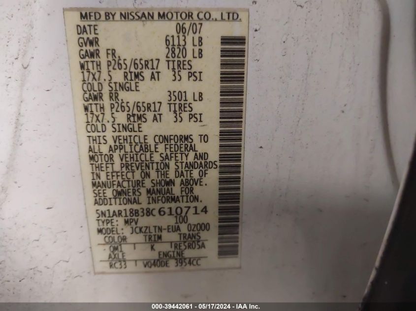 2008 Nissan Pathfinder Se VIN: 5N1AR18B38C610714 Lot: 39442061