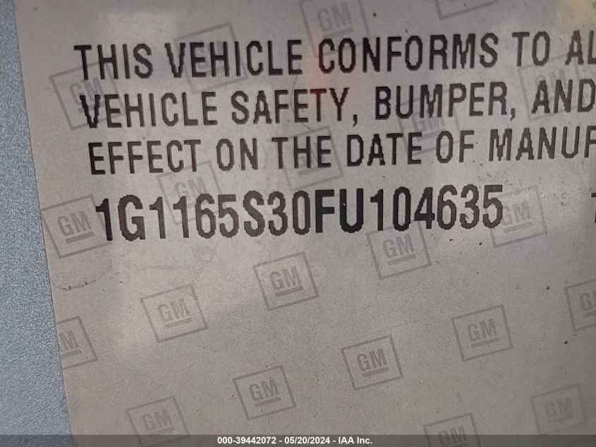 2015 Chevrolet Impala 2Lz VIN: 1G1165S30FU104635 Lot: 39442072