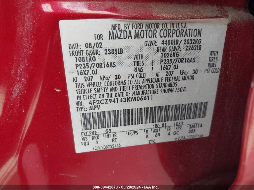2003 Mazda Tribute Lx V6 VIN: 4F2CZ94143KM06611 Lot: 39442078