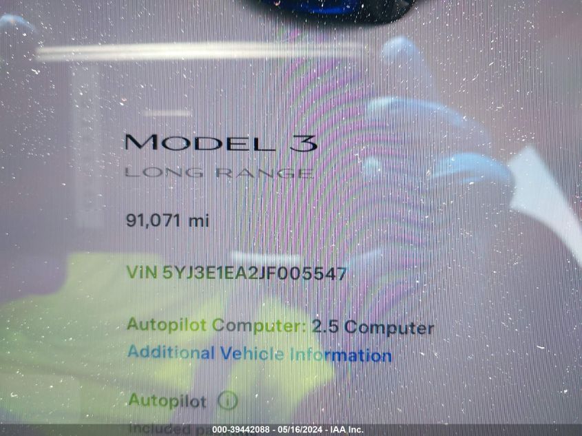 2018 Tesla Model 3 Long Range/Mid Range VIN: 5YJ3E1EA2JF005547 Lot: 39442088