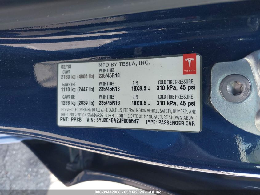 2018 TESLA MODEL 3 LONG RANGE/MID RANGE - 5YJ3E1EA2JF005547