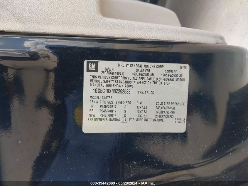 2008 Chevrolet Silverado 1500 Work Truck VIN: 1GCEC19X88Z292538 Lot: 39442089