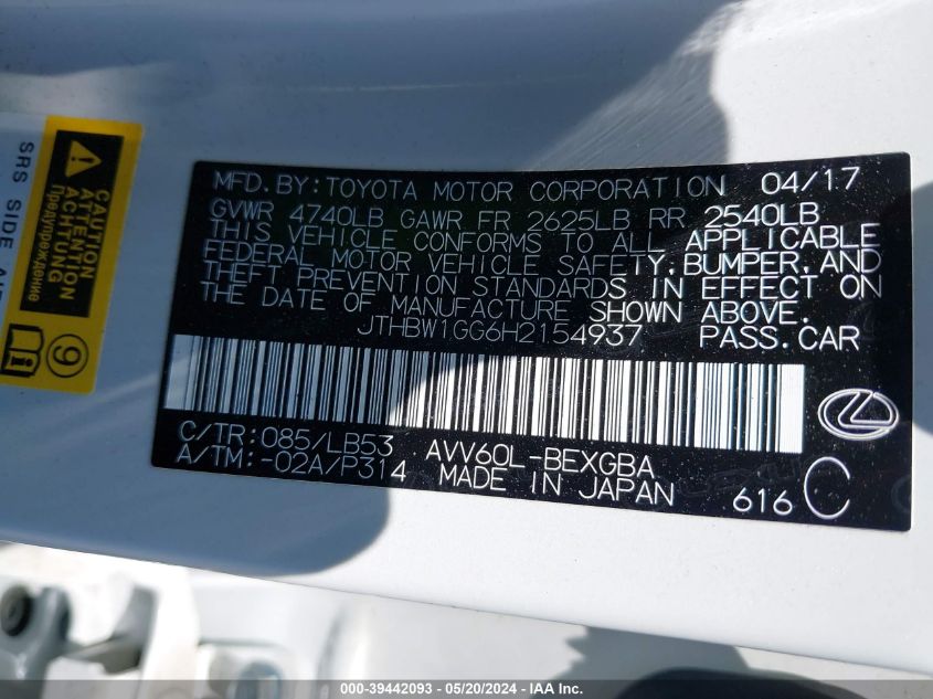 2017 Lexus Es 300H VIN: JTHBW1GG6H2154937 Lot: 39442093