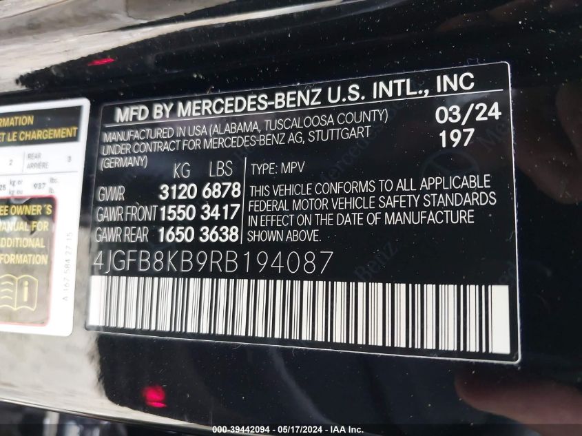 2024 Mercedes-Benz Amg Gle 63 S 4Matic+ VIN: 4JGFB8KB9RB194087 Lot: 39442094